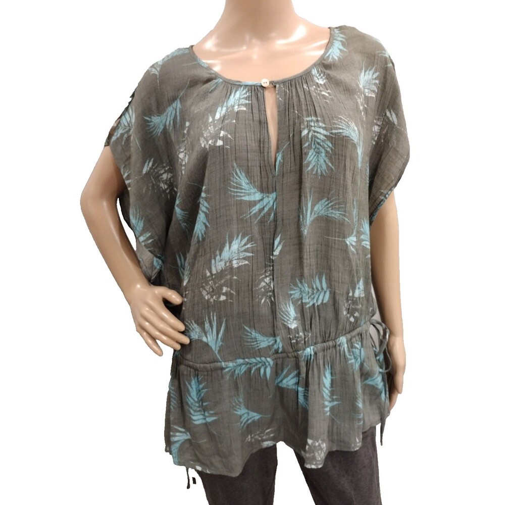 Hope & Harlow Women's 2X Dark Olive Grey Blue Tropical Leaves Plus Size Blouse